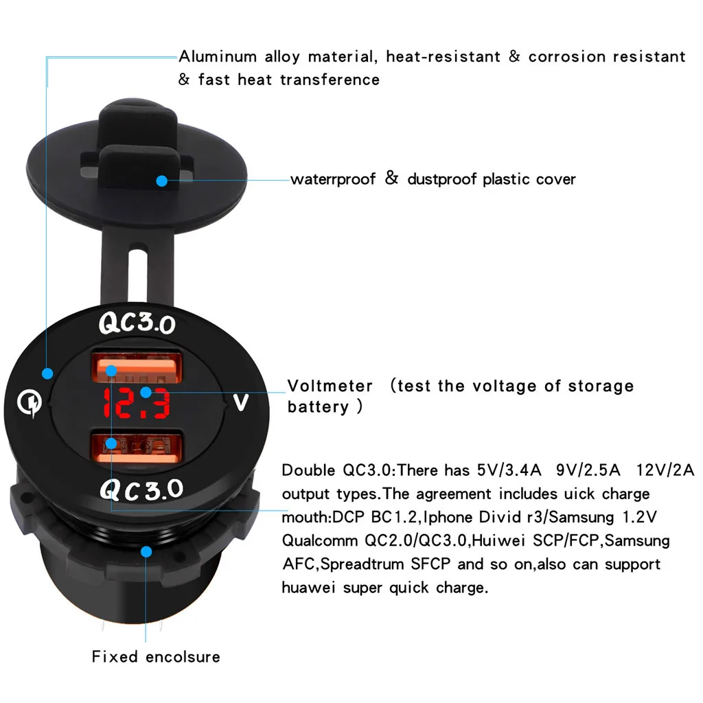 Алюминиевый сплав Быстрая зарядка QC 3,0 двойной USB зарядное устройство с Вольтметр черный/серебристый для автомобилей мотоциклов квадроциклы SUVs лодки яхты#730