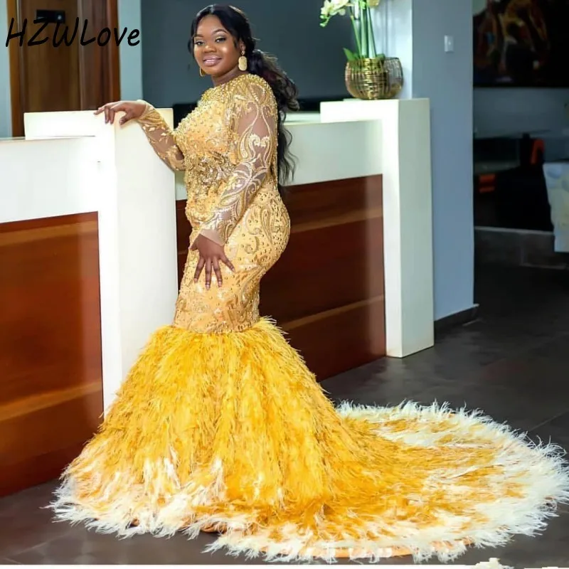 

Saudi Arabic Plus Size Evening Dresses Jewel Beads Sequins Feathers Mermaid Prom Dress Full Sleeves Appliques robe de soiree