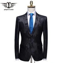 Fashion Black Floral Jacquard Men Blazer High Quality 4XL Man Blazer Casual Suit Jacket Slim Fit Groom Wedding Prom Blazers Q819