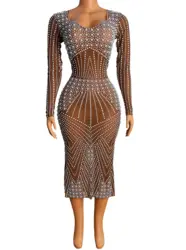 Brown Long Sleeve Full Pearls New Style Transparent Mesh Dress Evening Birthday Celebrate Costume Women Dancer Singer Show Dress