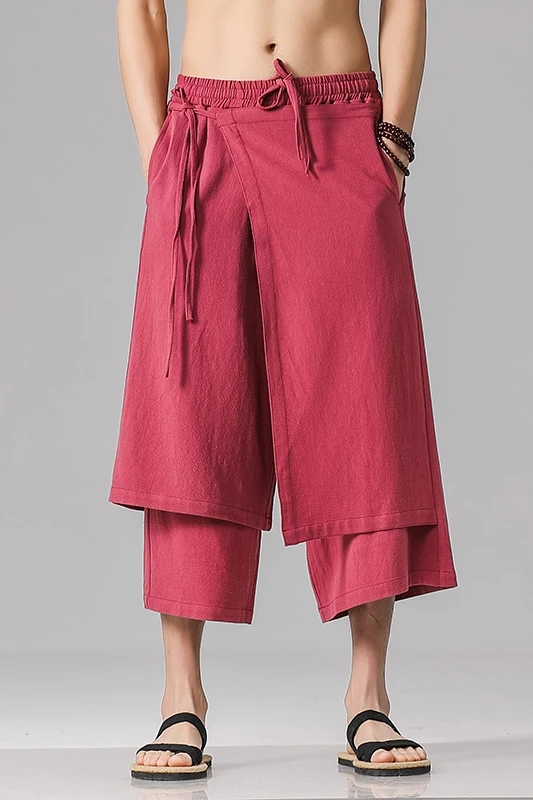 Men Casual Wide Leg Pants Mens Irregular Cotton Linen Harem Pants Male Solid Vintage Skirts Trousers M-5XL