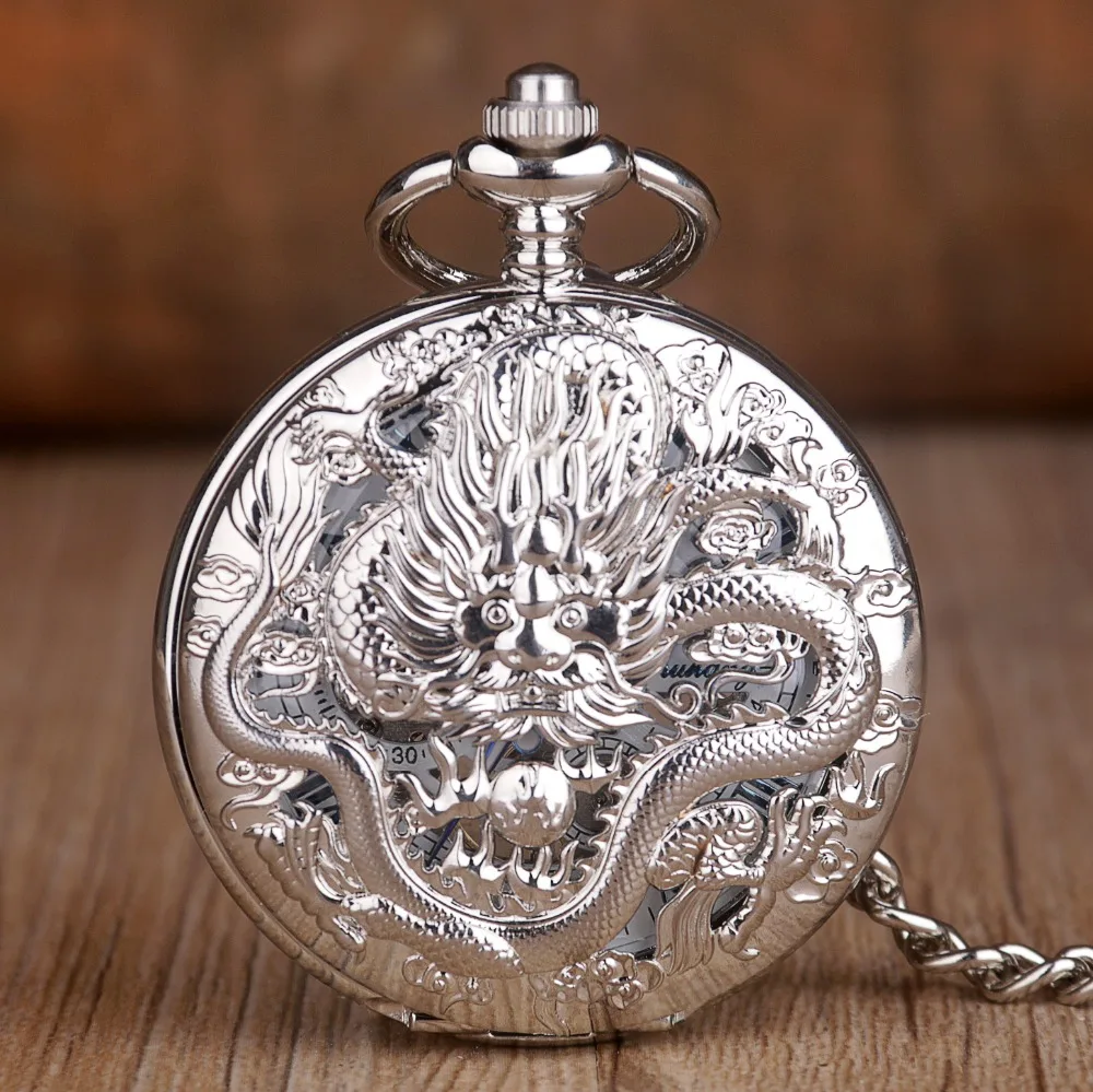Винтажный серебряный скелет Дракон Механические карманные часы мужские с брелоком цепь для мужчин женщин ретро кулон подарки