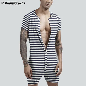 

2020 Striped Men Pajamas Playsuit Short Sleeve Button Fitness Homewear Comfortable Shorts Mens Rompers Sleepwear INCERUN S-5XL 7