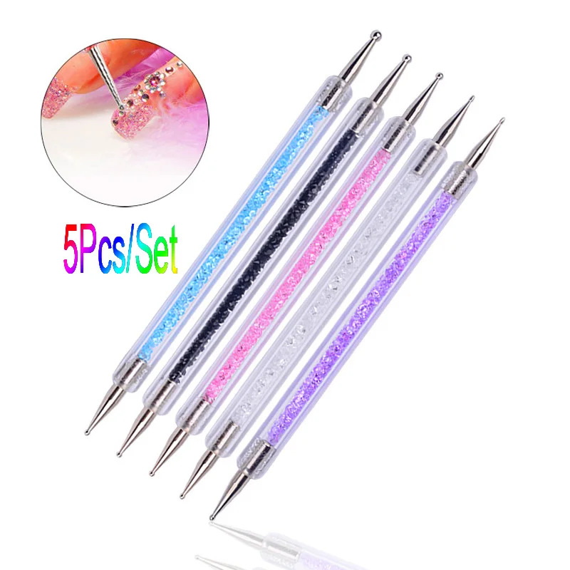 5 Pcs/Set Nail Art Pen 2 In 1 Double Ends Dotting Tool Crystals Handle