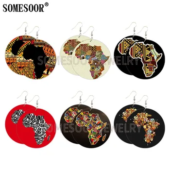 

SOMESOOR Both Sides Printed African Motherland Map Dope Wooden Drop Earrings Afro Tradition Ethnic Patterns For Black Women Gift