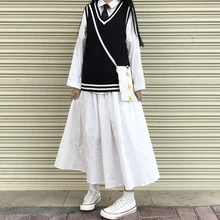 Корейский женский полосатый свитер в консервативном стиле, Свободный жилет с v-образным вырезом, вязаный свитер в духе колледжа, жилет и белые рубашки, белая юбка