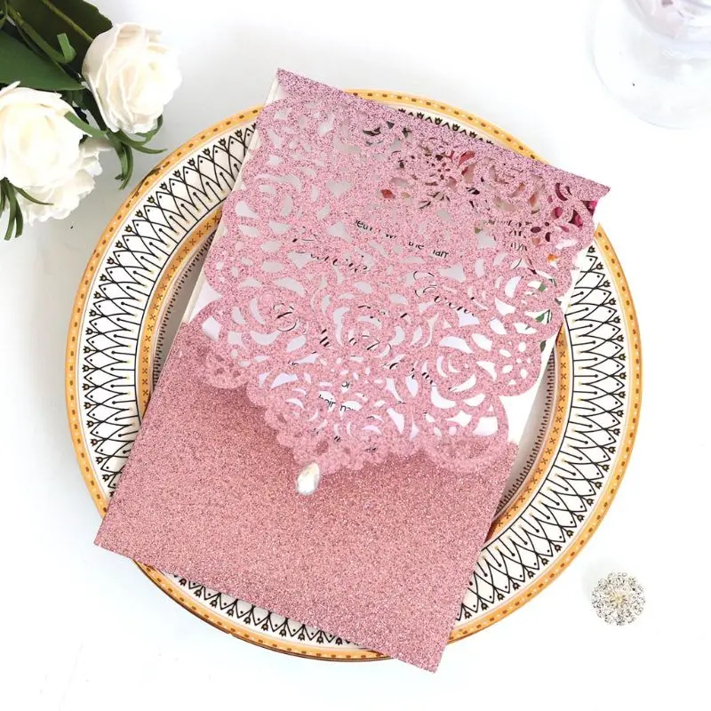  10pcs Laser Cut Glitte Rose Invitations Card with Rhinestone Kits Wedding Party - 4000299533302