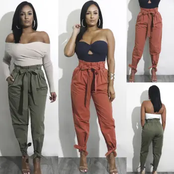 

Women Fashion Casual Trousers Harem Drawstring Elastic Waist Loose Long Pants orange/army green S/M/L/XL