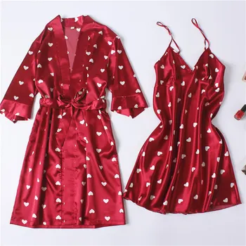 

Print Heart Satin Nighty&Robe Set Women 2PCS Sleepwear Intimate Lingerie Robe Suit 2020 Homewear Silky Nightwear Nightgown