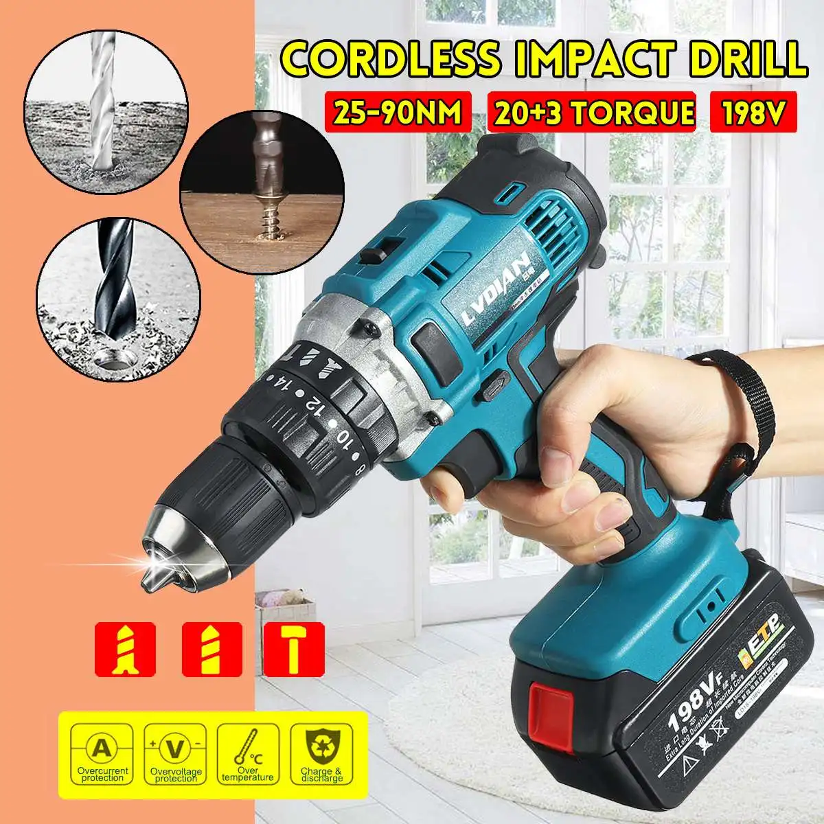 

198VF 3 In 1 Cordless Drill Impact Hammer Drill Electric Screwdriver With 1X Rechargeable Lithium-Ion Battery 2-Speed Power Tool