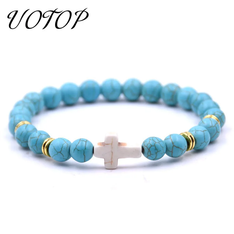 

UOTOP 2019 New Jesus Cross Bracelet Men Natural Volcanic Lava Tiger Eye Amazon Onxy Stone Beads Bracelets for Women Yoga Jewelry
