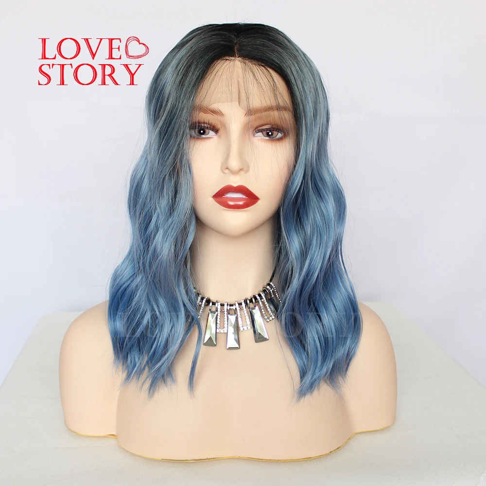 Короткий парик из синтетического кружева Lovestory синий волнистый с темными корнями