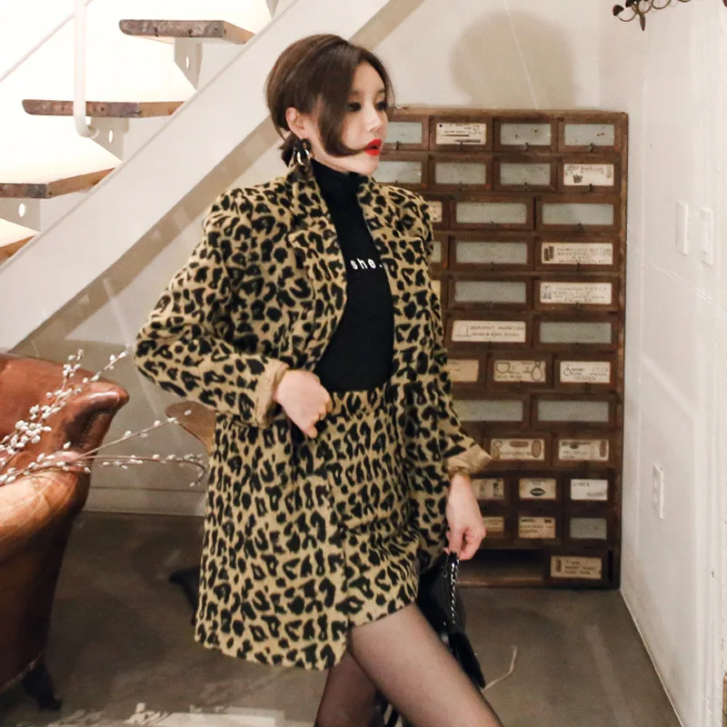 

WOMEN'S Dress 2020 Winter Korean-style Elegant Double Breasted Suit Jacket Fashion Skirt Leopord Pattern Woolen Set