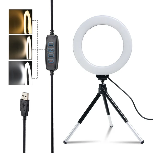 SH-Anillo de luz Led con trípode, lámpara regulable de 16cm y 6 pulgadas, con carga Usb, para selfis y estudio fotográfico 1