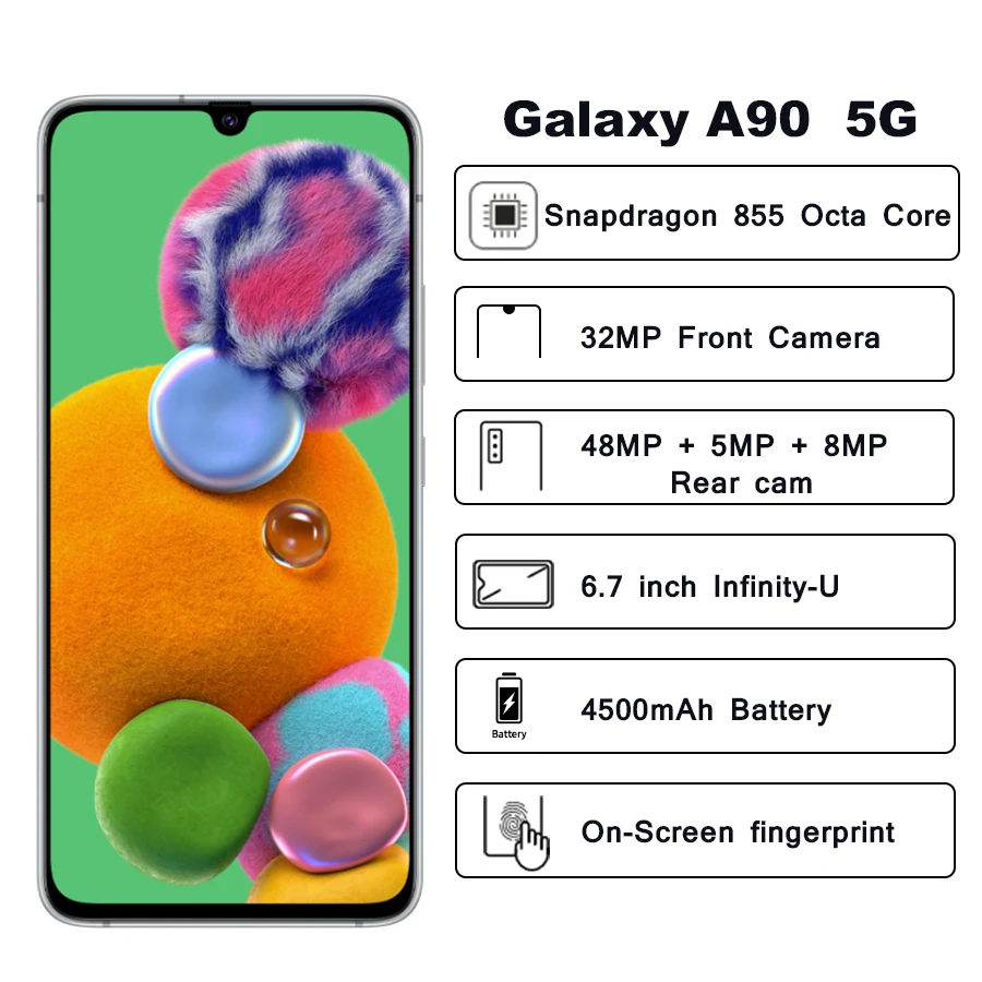 Смартфон samsung Galaxy A90 5G 8 Гб 128 ГБ Snapdragon855 6," Infinity-U 32 МП фронтальная камера NFC Android 4500 мАч 5G