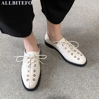 

ALLBITEFO natural genuine leather women high heel shoes round toe lace-up fashion low heel shoes girls kitten heels wome heels