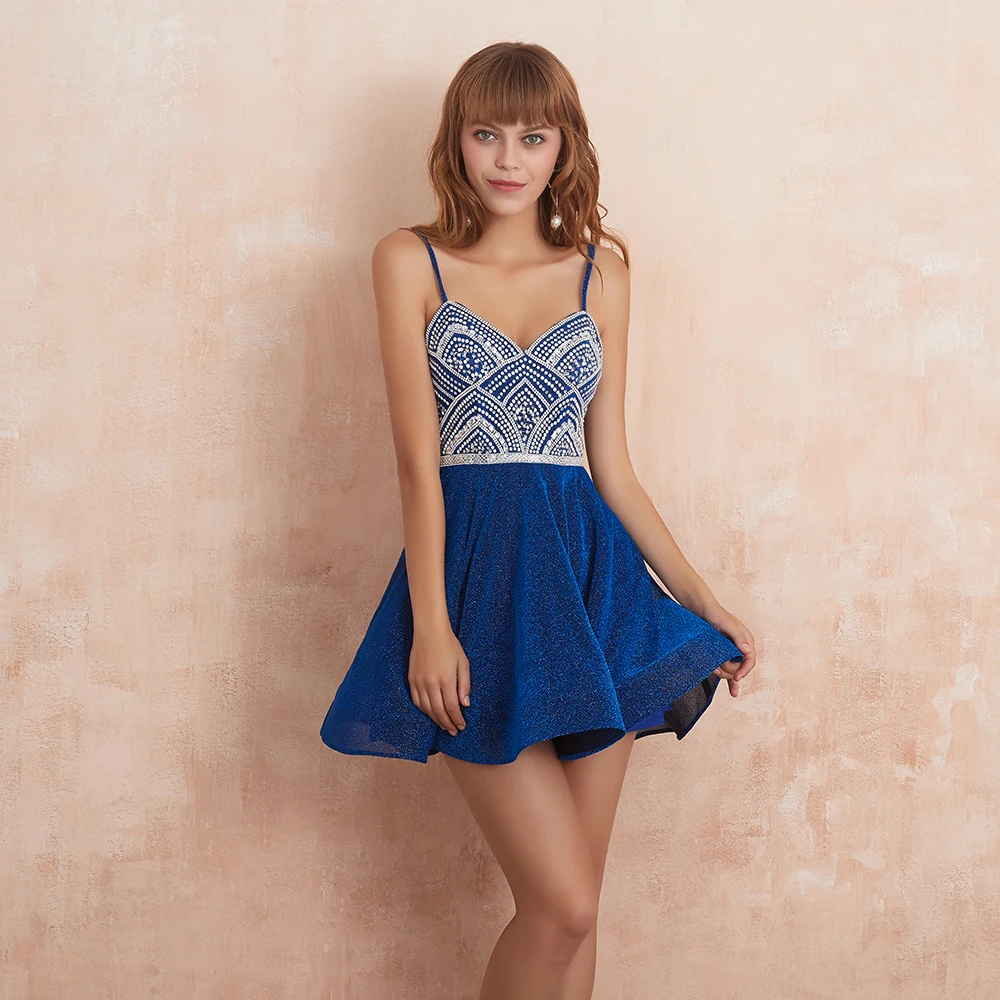 

VKBRIDAL Sexy Spaghetti Straps Short Prom Dresses 2019 Royal Blue Beaded Crystal Glitter Cocktail Party Dress