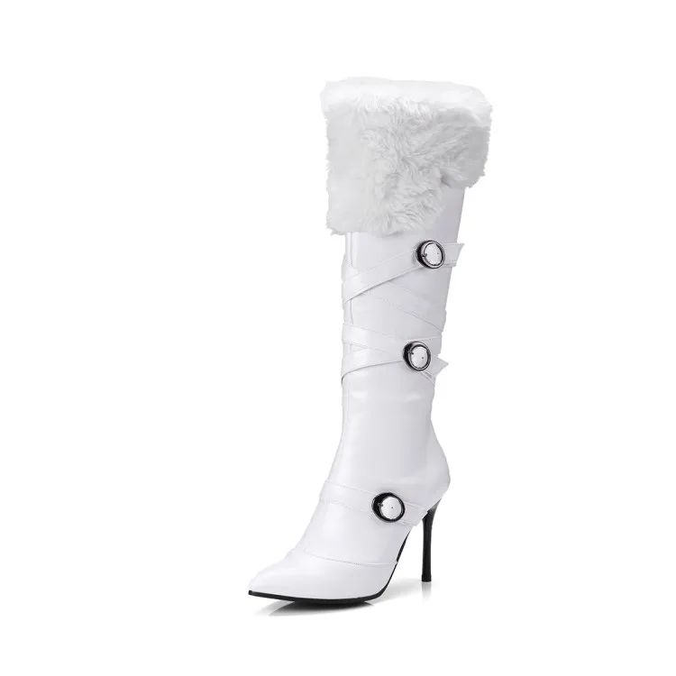 Зимние новые модные длинные сапоги с кроличьим мехом, с острым носком, на тонком каблуке, с боковой молнией пикантные белые женские сапоги на высоком каблуке, Size34-43