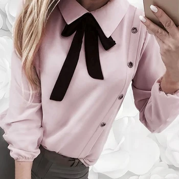 

JODIMITTY Casual Women Chiffon Bow Tie Shirt Fashion Ladies Long Sleeve Blouses Office Lady Pink Loose Blusas Mujer Plus Size