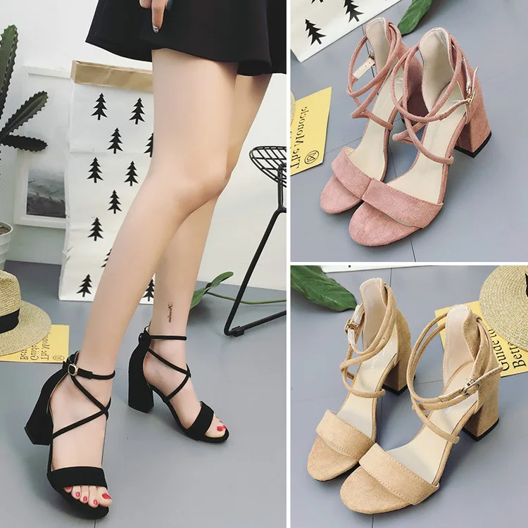 

Elegant Suede Cross Straps Straight-line Buckle Peep Toe Chunky Heel Sandals Women's Summer New Style Hollow out Versatile High