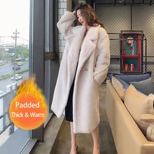 JuneLove, Женское зимнее теплое длинное пальто из искусственного меха, винтажное, с длинным рукавом, женское, толстое, плюшевый мишка, пальто, повседневное, свободное, большие размеры, верхняя одежда