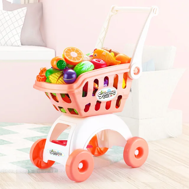 34pcs/set Kids Pretend Play Large Supermarket Shopping Cart Trolley Push Car Toys Basket Simulation Fruit Food House Girls Gifts 2