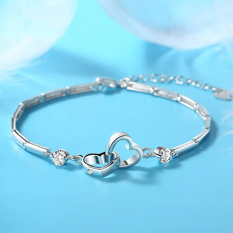 New 925 Sterling Silver Heart To Heart Bracelet Fashion Female Models Cute Vintage Wild Super Flash White Crystal Jewelry SL147