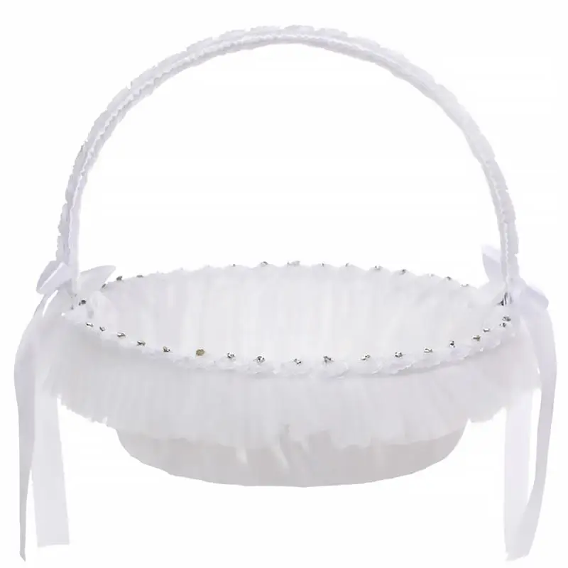 Daylyric Romantic White Wedding Flower Girl Basket White Handle Lace Bowknot Candy Storage Basket for Wedding Ceremony 