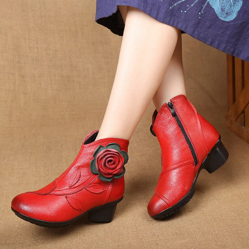 GKTINOO 2019 New Female Boots Handmade Ethnic Style Thick With Heels Women's Shoes Winter Genuine Leather Ladies Cotton Boots