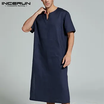 

INCERUN Men Robes Pajamas Pure Color Short Sleeve V Neck Fashion Comfortable Cotton Homewear Big Pockets Nightgown Mens Bathrobe