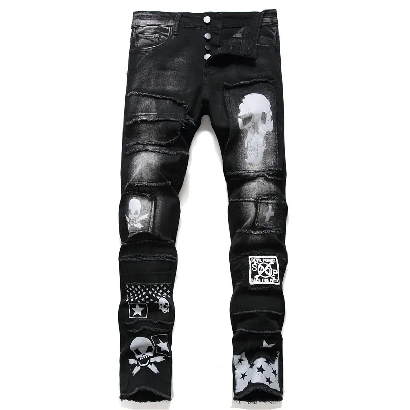 

Men'S Pants Streetwear Fashion Trousers Jeans Skull Black Denim Biker High Quality Male Casual Designer Ripped Comfortable