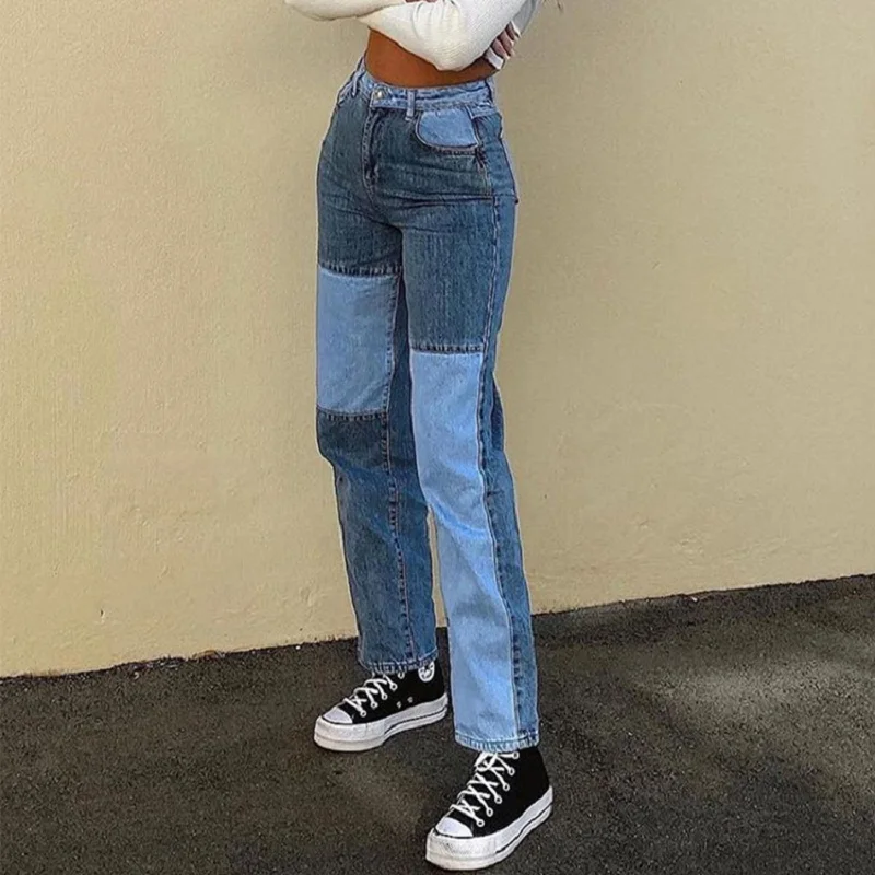 

Patchwork Straight Women's jeans stitched Vintage High Waist slim Denim Distressed Fashion Streetwear Retro Punk Baggy trousers