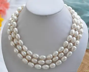 

3 ROW huge 9-10mm Natural south sea white pearl necklace