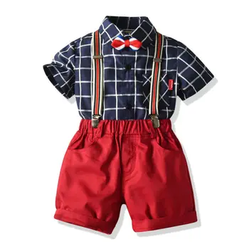 

2-8T Toddler Kids Baby Boys Clothes Set Short Sleeve Bow Tie Plaid Shirt Tops Straps Shorts Party Outfits Boys Set
