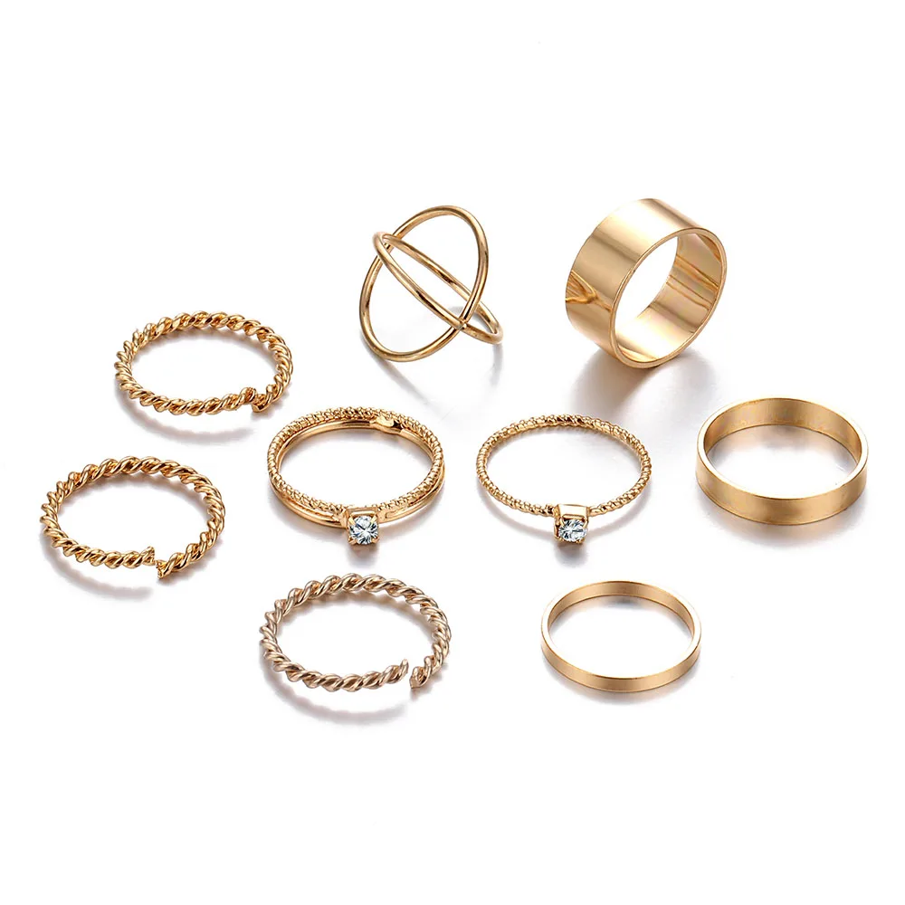 FAMSHIN 8 Pcs/Set Fashion Design Round Gold Color Rings Set For Women Handmade Geometry Finger Ring Set Female Jewelry Gifts