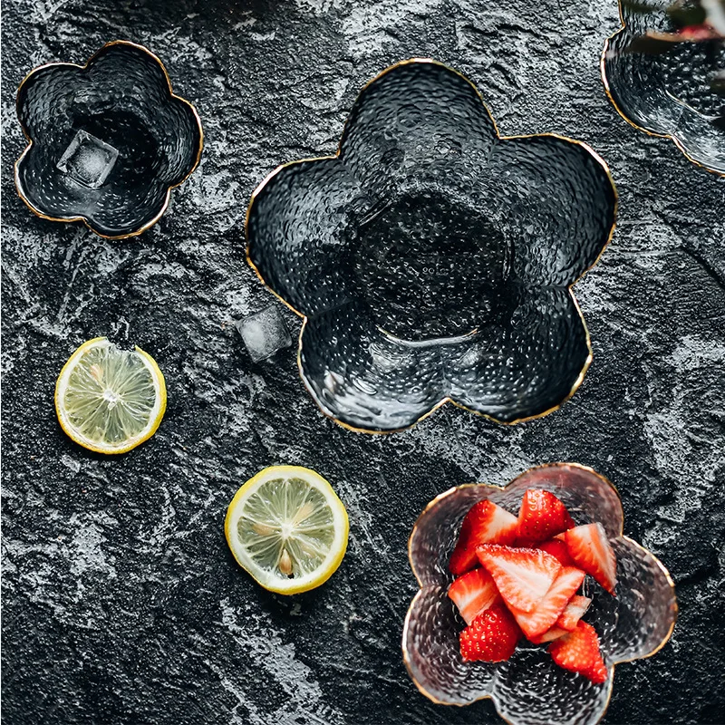 

Luxurious Flower Glass Bowl Gold Inlay Transparent Gray Cherry Plate Dish Yogurt Fruit Dessert Salad Bowl Tableware Decoration