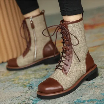 

All-match Color Matching Matin Boots Cross-tie Flat Women Ankle Boots New European American Style Fashion Round Toe Square Heel