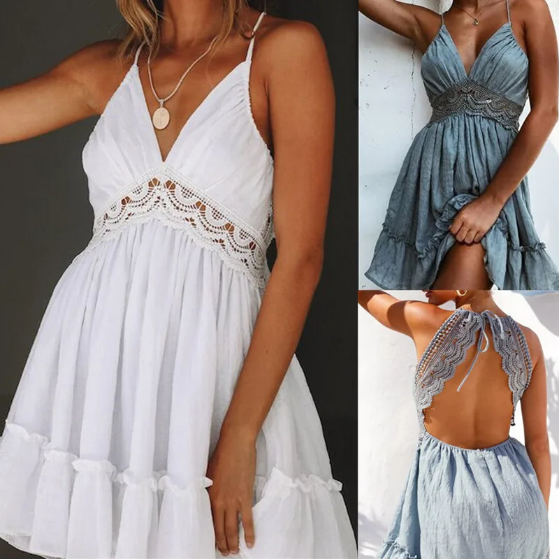 

Women Lady Sexy Dress Summer Backless Lace Dress V-neck Sling Dress Party Dress Mini Beach Dress Lotus Leaf Pendulum