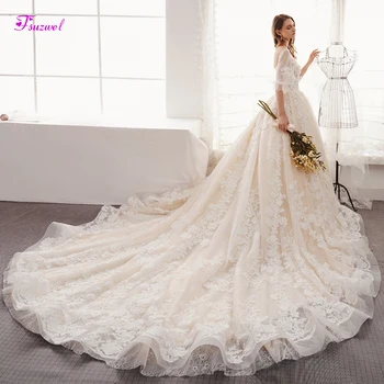 

Fsuzwel Romantic V-Neck Half Sleeve A-Line Wedding Dresses 2020 Luxury Beaded Appliques Lace Chapel Train Bridal Gown Plus Size