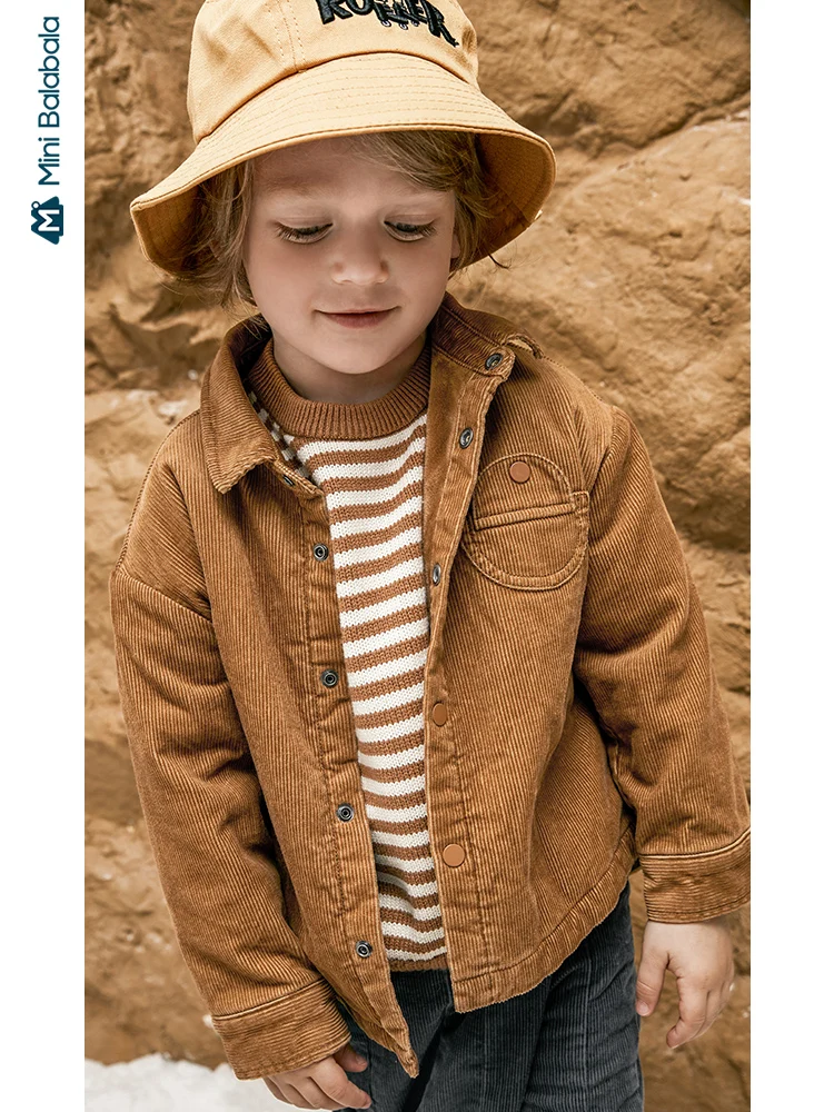  Minibalabala Children shirt boys 2019 winter new boys baby corduroy plus velvet long sleeve shirt