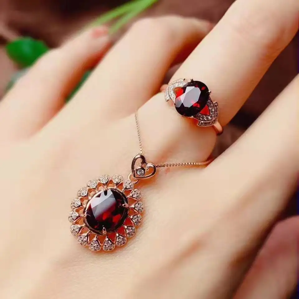 Rose gold set Натуральный гранат S925 Серебряное Кольцо Кулон ожерелье набор модный и элегантный для женщин - Цвет камня: Rose gold set