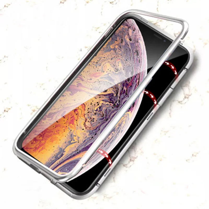 Металлический магнитный адсорбционный чехол для iPhone 7, 8, 6, 6s Plus, X, XR, закаленное стекло, задняя крышка на магните для iPhone 6, 6s Plus, X, XS, Max, чехол
