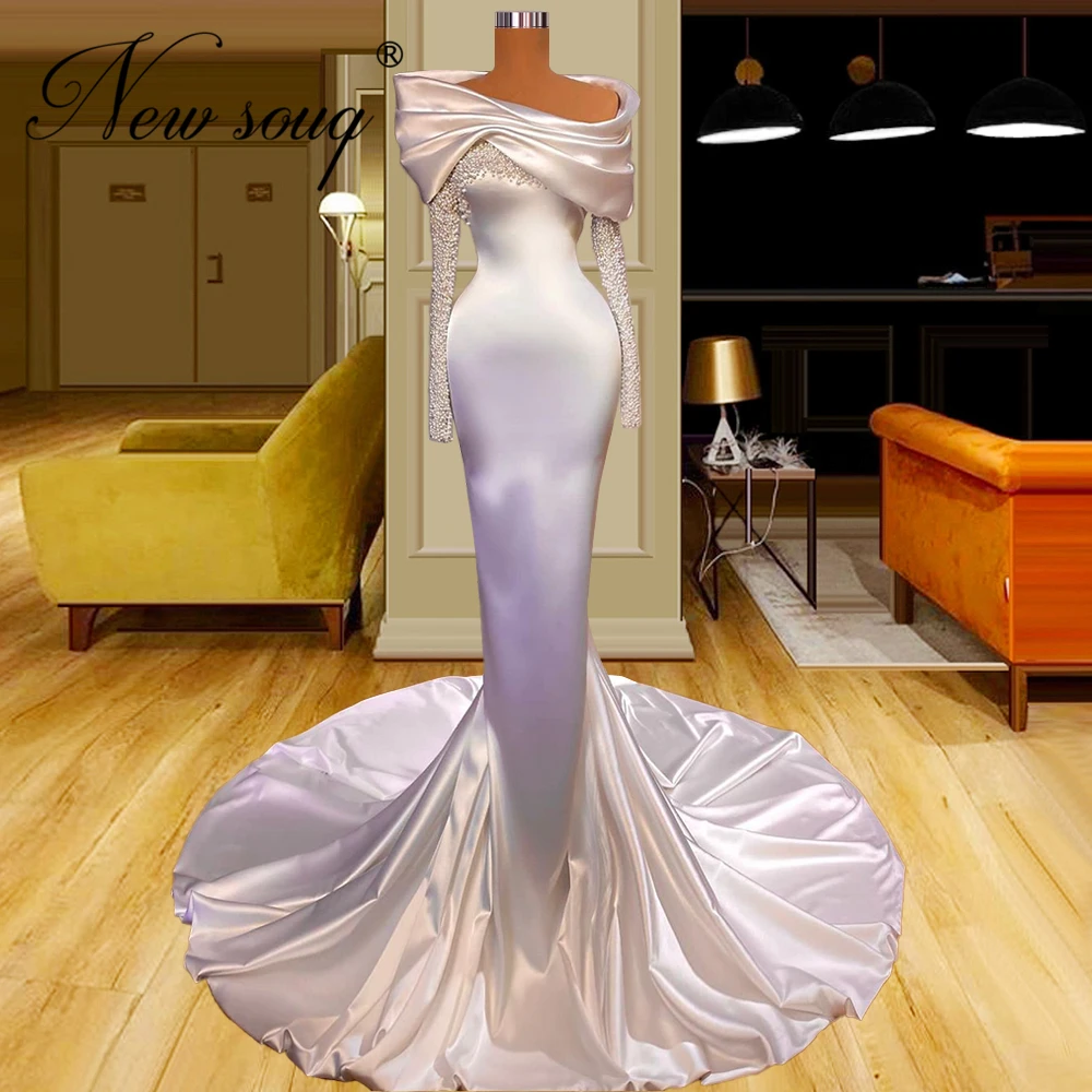 

Muslim Custom Made Pearls Evening Dresses Robes De Soiree Dubai Couture Mermaid Party Wedding Dress 2022 Long Women Prom Dress