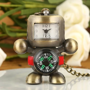 

Delicate Robot Shape Pocket Watch Bronze Alloy Practical Compass Display Pendant Watch Necklace Hour Toys Gift for Men Women Kid