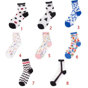 

Korean Women Summer Transparent Crew Socks Glass Fiber Mesh Colorful Polka Dot Stripes Ultra-Thin Mid Tube Hosiery
