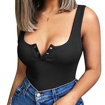 

Women Fashion Sexy Skinny Bodysuit O-Neck Button Sleeveless Tank Top Bodysuit Beach Slim Knitted Ribbed Stretchy Rompers GV494