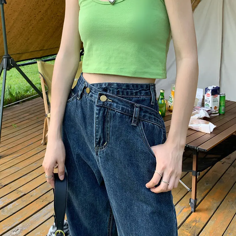 Jeans feminino design irregular botão solto all-match cintura alta jean  streetwear retro esfregando calças jeans mujer elegante na moda - AliExpress