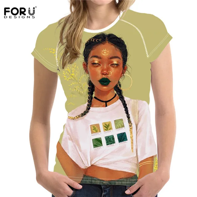FORUDESIGNS/женские футболки Повседневная летняя одежда американская африканская темнокожая девушка художественный дизайн студенческие девушки тонкие топы футболки - Цвет: HMC1725BV