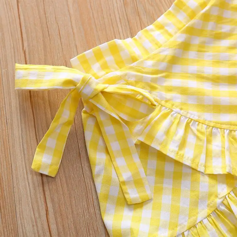 Лидер продаж, летний костюм в желтую клетку для маленьких девочек, комплект из 2 предметов, Изысканные детские комплекты одежды для девочек праздничный стиль