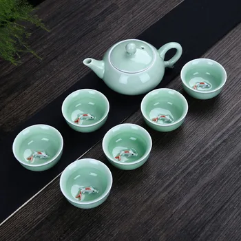 

Tea Set Porcelain Chinese Kung Fu Teapot Set 6 Cups with Raised Koi Fish Vintage China Tea Sets Ceramic Tea Utensils Ceremony